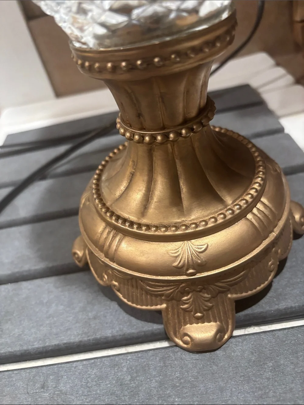 Cut Crystal Hurricane Lamp with Ornate Gold-Tone Base